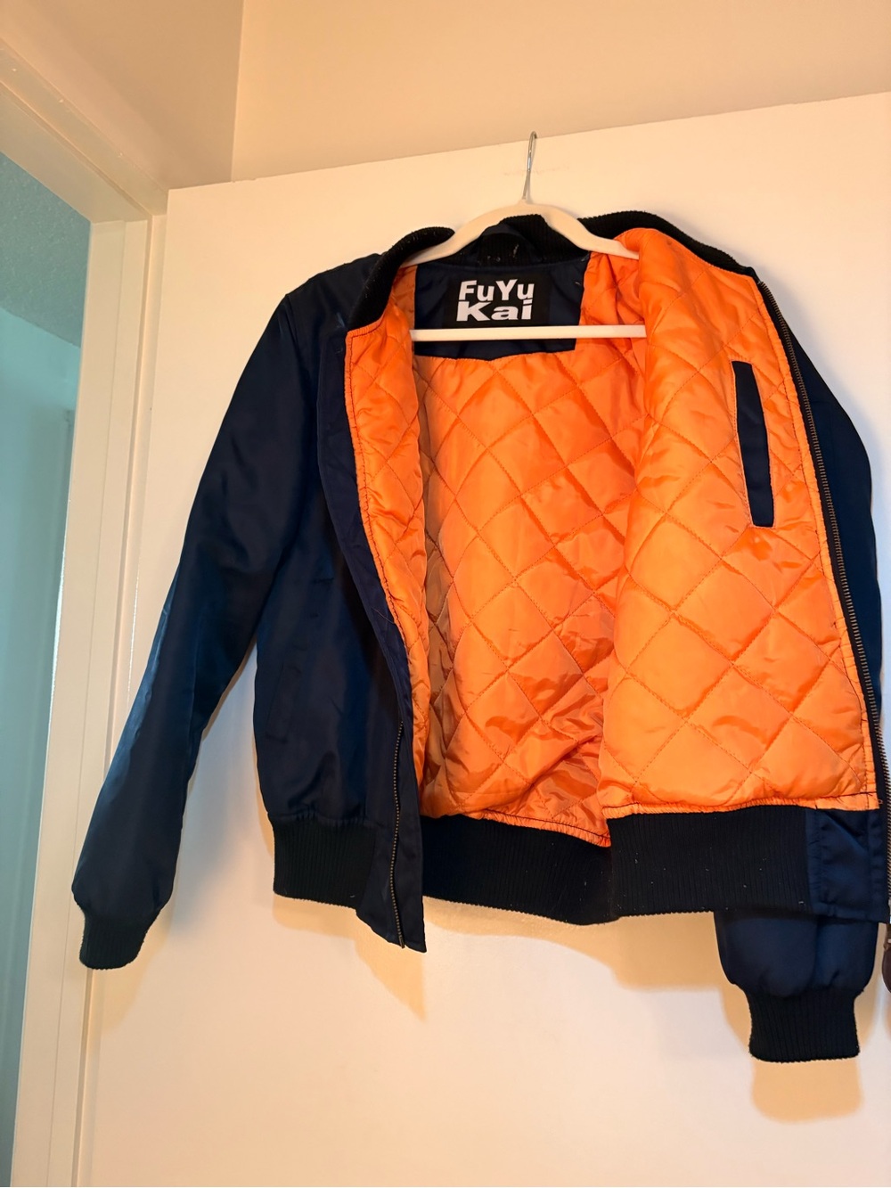FuYu Kai Quilted Lined Bomber Jacket - Navy with Orange Lining
